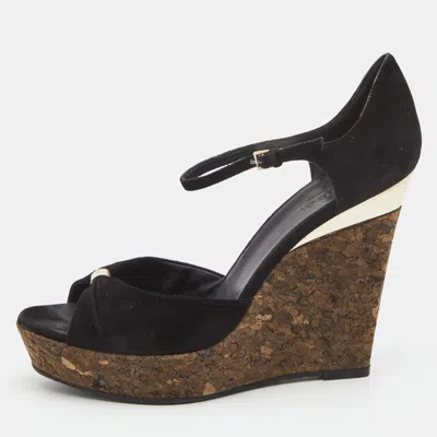Pre-owned Gucci Black Suede Cork Wedge Platform Ankle Strap Sandals Size 37.5