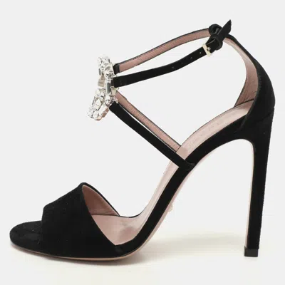 Pre-owned Gucci Black Suede Crystal Embellished Gg Interlock Ankle Strap Sandals Size 36