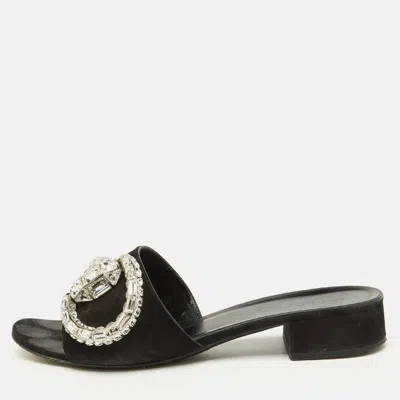 Pre-owned Gucci Black Suede Crystal Embellished Maxime Slide Sandals Size 39