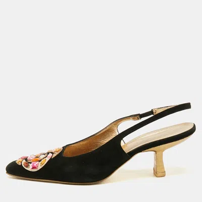 Pre-owned Gucci Black Suede Crystal Embellished Pointed Toe Slingback Pumps Size 38