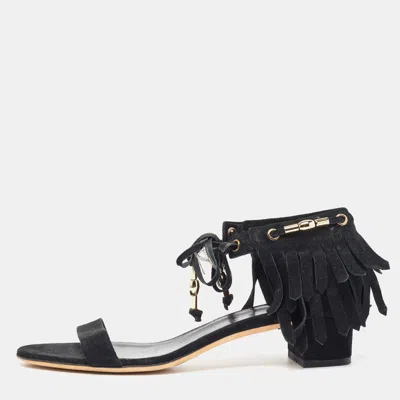 Pre-owned Gucci Black Suede Fringe Ankle Strap Sandals Size 39