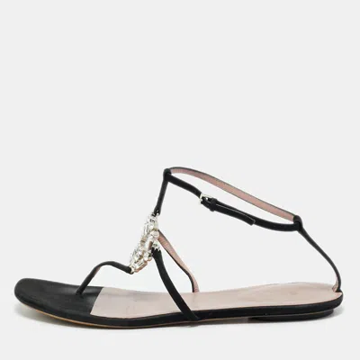 Pre-owned Gucci Black Suede Gg Interlocking Crystal Embellished Ankle Strap Flat Sandals Size 39