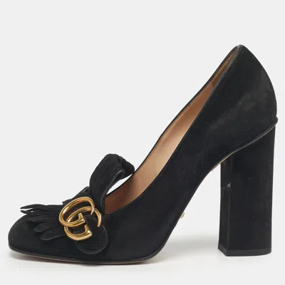 Pre-owned Gucci Black Suede Gg Marmont Block Heel Pumps Size 38.5