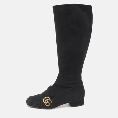 Pre-owned Gucci Black Suede Gg Marmont Knee Length Boots Size 37.5