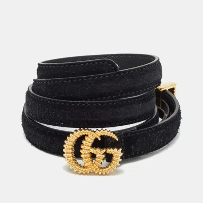 Pre-owned Gucci Black Suede Gg Marmont Torchon Slim Belt 85cm