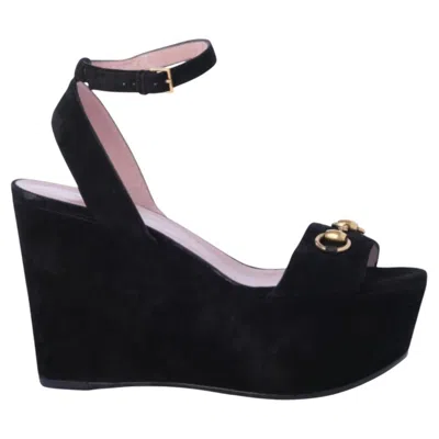 Pre-owned Gucci Black Suede Horsebit Platform Ankle Strap Wedges - '10s