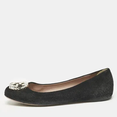Pre-owned Gucci Black Suede Interlocking G Crystal Ballet Flats Size 38.5