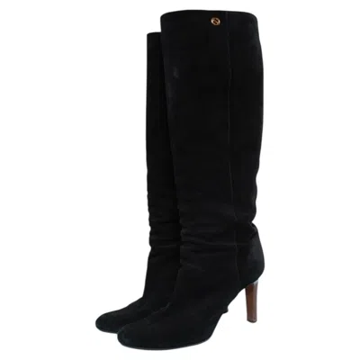 Pre-owned Gucci , Black Suede Knee Boots With Gg Logo