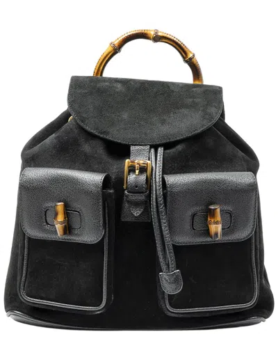 Pre-owned Gucci Black Suede Leather Large Bamboo Backpack (authentic Pre-loved)
