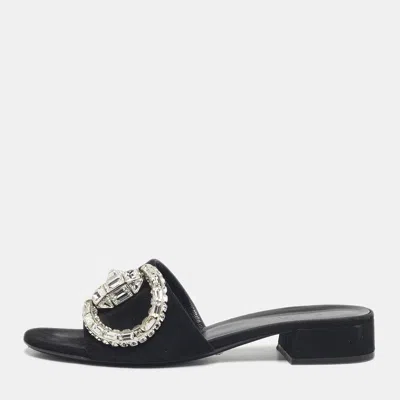 Pre-owned Gucci Black Suede Maxime Crystal Embellished Slide Sandals Size 38