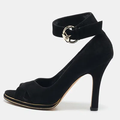 Pre-owned Gucci Black Suede Peep Toe Ankle Strap Pumps Size 36
