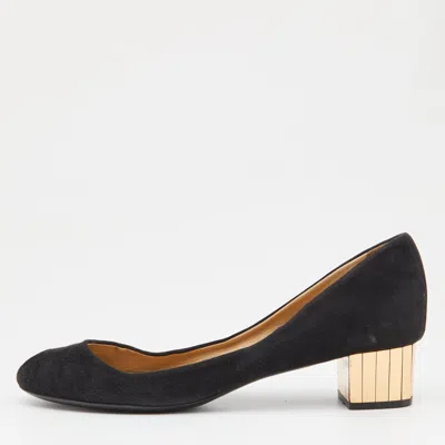 Pre-owned Gucci Black Suede Peep Toe Block Heel Pumps Size 40