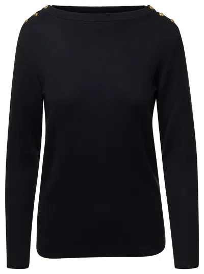Gucci Black Sweater With Boat Neckline And Golden Logo Buttons In Cashmere Woman In Multicolor