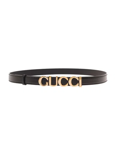 GUCCI BLACK THIN LOGO LETTERING BUCKLE BELT