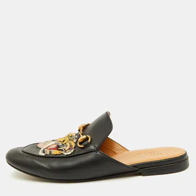 Pre-owned Gucci Black Tiger Embroidered Leather Princetown Horsebit Flat Mules Size 41
