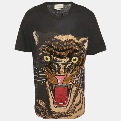Pre-owned Gucci Black Tiger Print Jersey Embellished T-shirt M