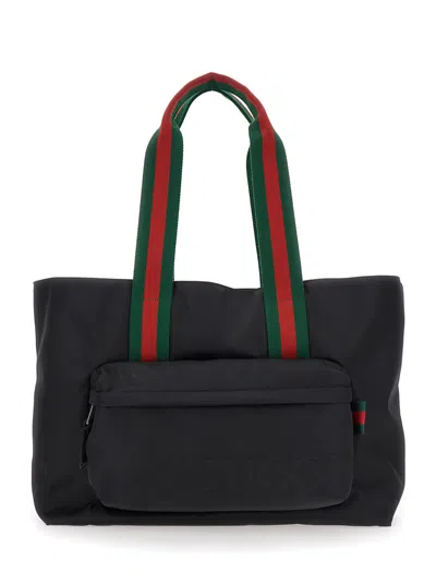 Gucci Black Tote Bag With Web Handles And Logo Lettering On The Front In Tech Fabric Man