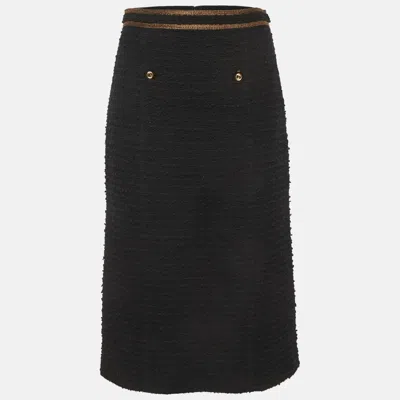 Pre-owned Gucci Black Tweed Embroidered Trim Midi Skirt M