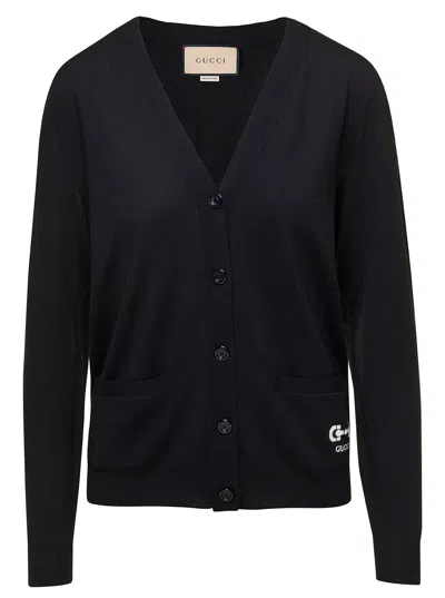 Gucci Black V-neck Button Up Cardigan In Wool Woman In Multicolor