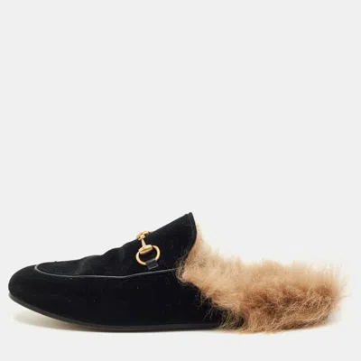 Pre-owned Gucci Black Velvet And Fur Lined Horsebit Princetown Flat Mules Size 37.5