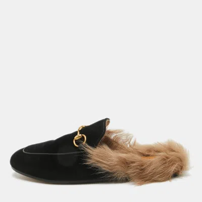 Pre-owned Gucci Black Velvet And Fur Lined Princetown Flat Mules Size 36.5