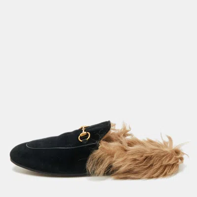 Pre-owned Gucci Black Velvet And Fur Lined Princetown Flat Mules Size 39.5