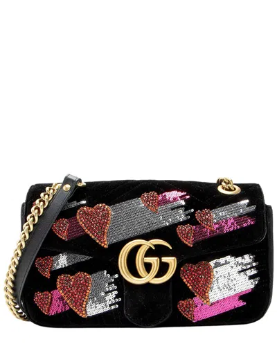 Gucci Black Velvet Embellished Hearts Gg Marmont Medium Flap Bag (authentic  Pre-loved)