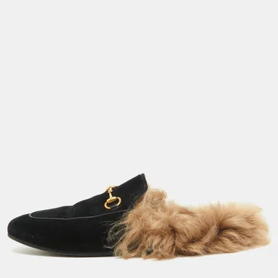 Pre-owned Gucci Black Velvet Fur Lined Princetown Flat Mules Size 38