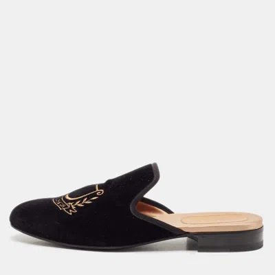 Pre-owned Gucci Black Velvet Pas De Rumeur Embroidered Flat Mules Size 44