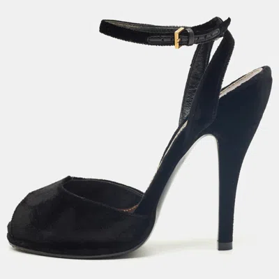 Pre-owned Gucci Black Velvet Peep Toe Ankle Strap Sandals Size 36.5