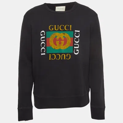Pre-owned Gucci Black Vintage Logo Print Cotton Distressed Sweatshirt L