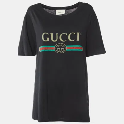 Pre-owned Gucci Black Vintage Logo Print Cotton Distressed T-shirt M