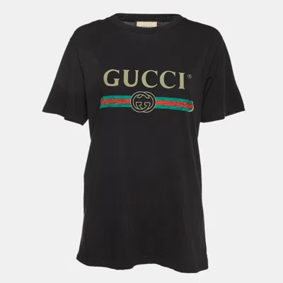 Pre-owned Gucci Black Vintage Logo Print Jersey Distressed Crew Neck T-shirt Xs