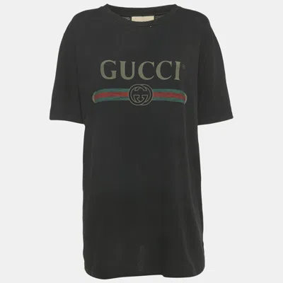 Pre-owned Gucci Black Vintage Logo Print Jersey Distressed T-shirt M