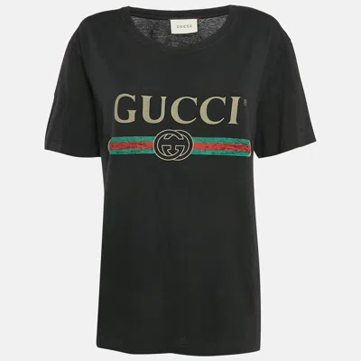 Pre-owned Gucci Black Vintage Logo Print Jersey Distressed T-shirt Xs