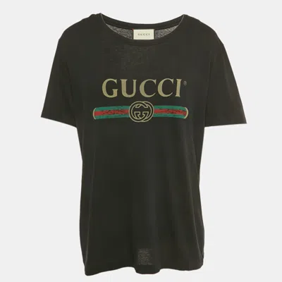 Pre-owned Gucci Black Vintage Print Cotton T-shirt L