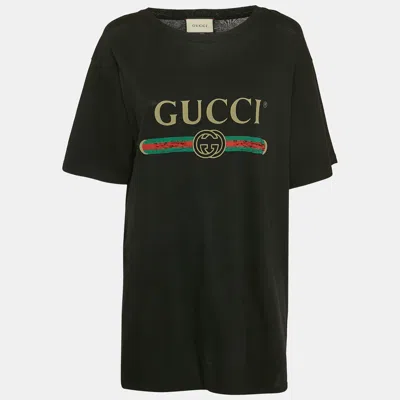 Pre-owned Gucci Black Vintage Print Jersey Distressed T-shirt L In White