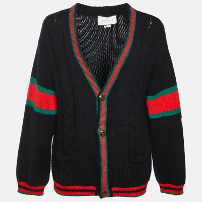 Pre-owned Gucci Black Web Accent Cable Knit Oversize Cardigan Xl