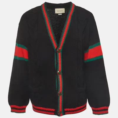 Pre-owned Gucci Black Web Accent Wool Cable Knit Oversized Cardigan Xl