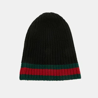 Pre-owned Gucci Black Web Stripe Wool Knit Beanie M