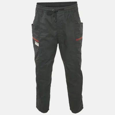 Pre-owned Gucci Black Web Trim Cotton Jogger Pants L