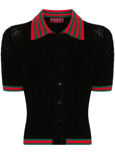 Gucci Black Web-trim Crochet-knit Polo Shirt In Schwarz
