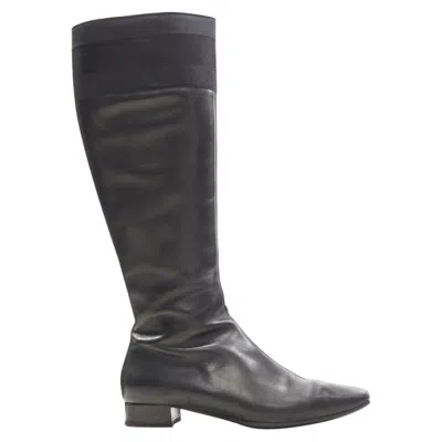 Pre-owned Gucci Black Web Trim Leather Gold Bamboo Charm Zip Riding Boots Eu36