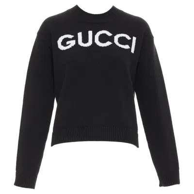 Pre-owned Gucci Black White Wool Block Logo Intarsia Crew Neck Pullover Sweater S