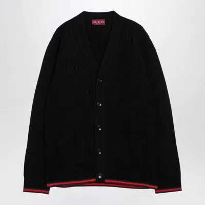 Gucci Knitted Wool Cardigan With Web Pattern In Black