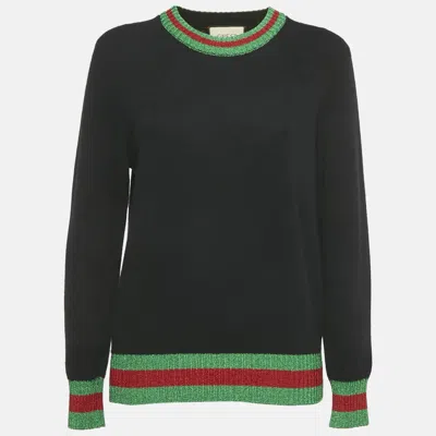 Pre-owned Gucci Black Wool & Lamé Web Trim Detail Sweater L