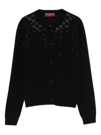 Gucci Cardigan In Fine Wool With Crystals Gg In Black
