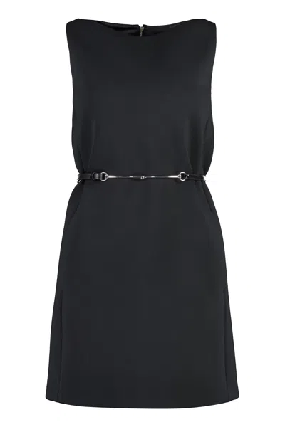 GUCCI BLACK WOOL-BLEND DRESS WITH LEATHER BELT AND METAL HORSEBIT FOR WOMEN