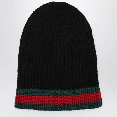 Gucci Black Wool Cap With Web Detail