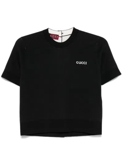 GUCCI BLACK WOOL T-SHIRT WITH GUCCI INTARSIA